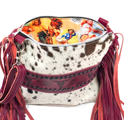 Shania - Chocolate & White w/ Red Skulls-Shania-Western-Cowhide-Bags-Handmade-Products-Gifts-Dancing Cactus Designs