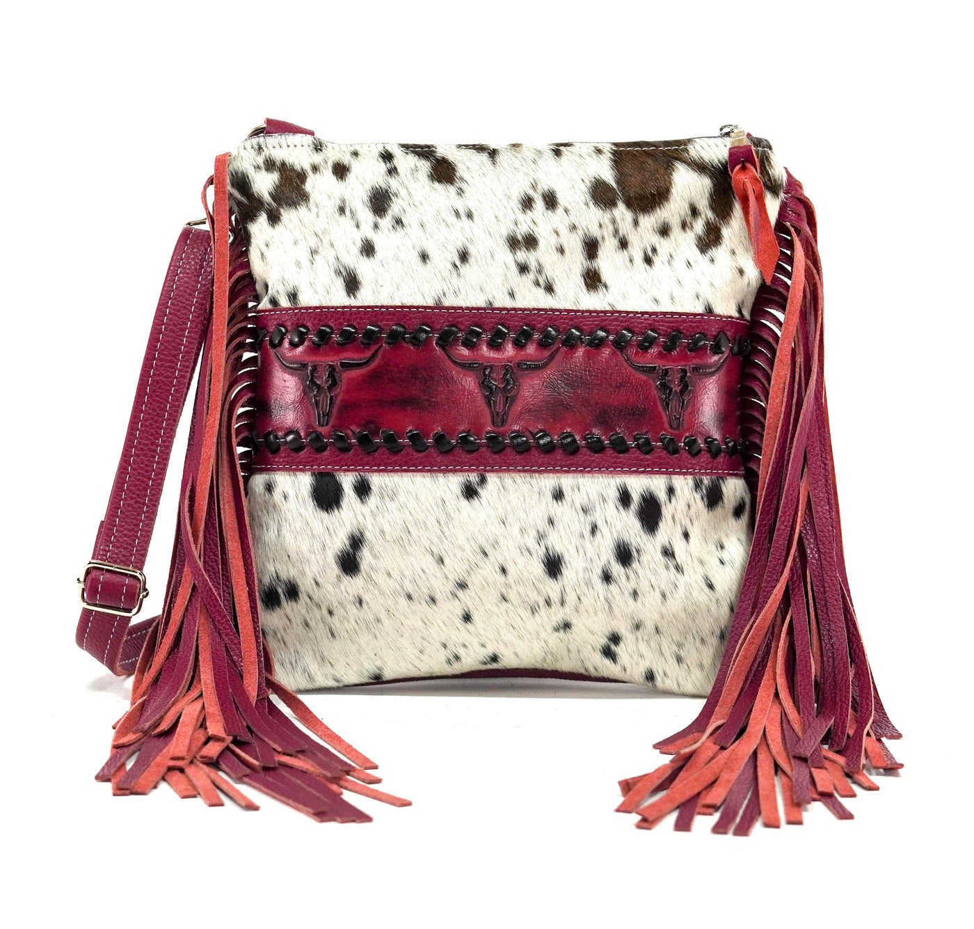 Shania - Chocolate & White w/ Red Skulls-Shania-Western-Cowhide-Bags-Handmade-Products-Gifts-Dancing Cactus Designs