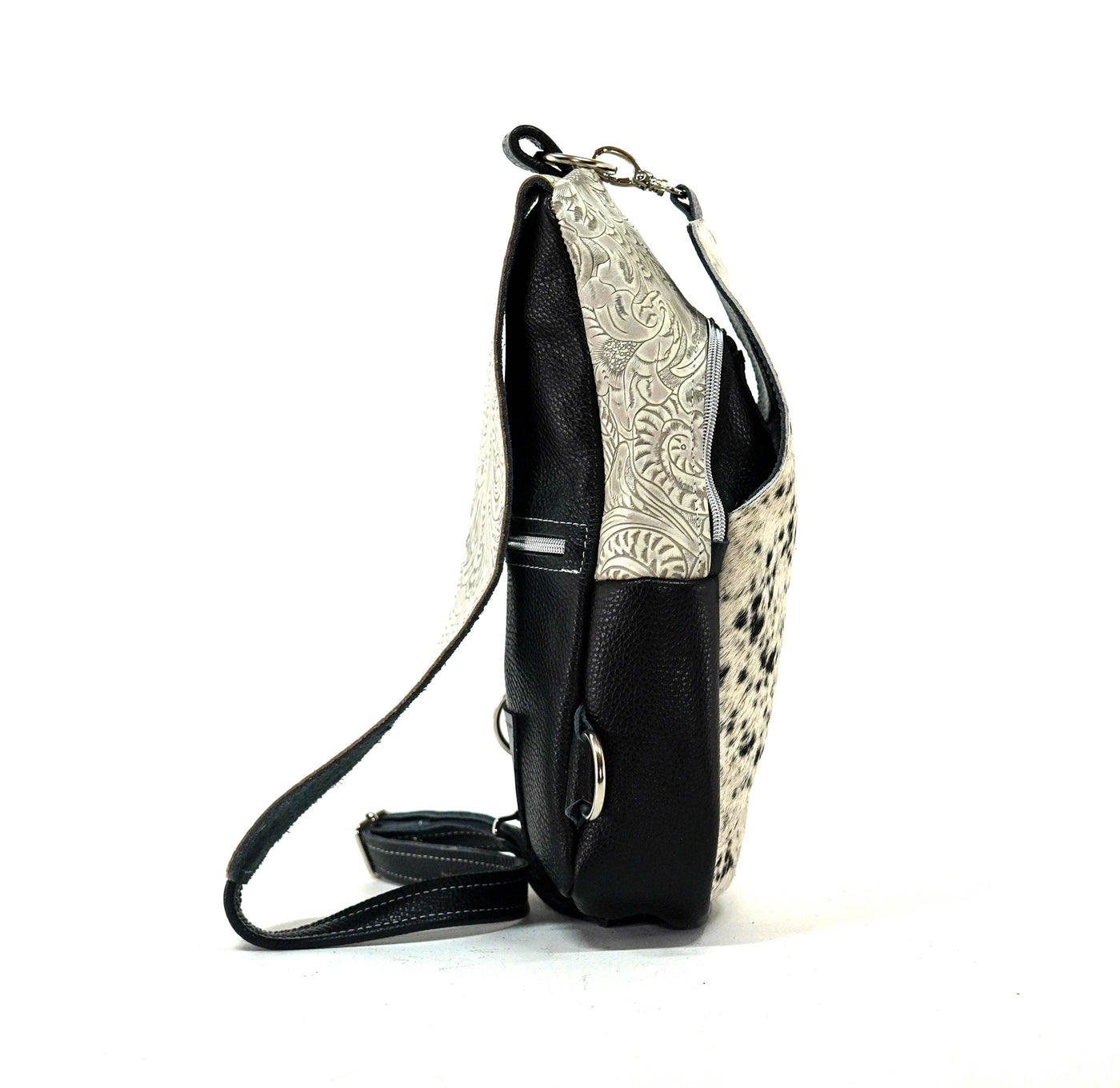 Sling Bag - Black & White w/ Bone Dallas Tool-Sling Bag-Western-Cowhide-Bags-Handmade-Products-Gifts-Dancing Cactus Designs