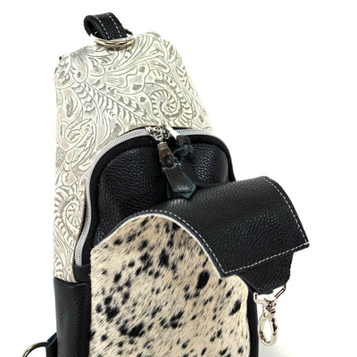 Sling Bag - Black & White w/ Bone Dallas Tool-Sling Bag-Western-Cowhide-Bags-Handmade-Products-Gifts-Dancing Cactus Designs