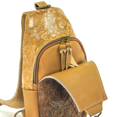 Sling Bag - Brindle w/ Bonanza Tool-Sling Bag-Western-Cowhide-Bags-Handmade-Products-Gifts-Dancing Cactus Designs