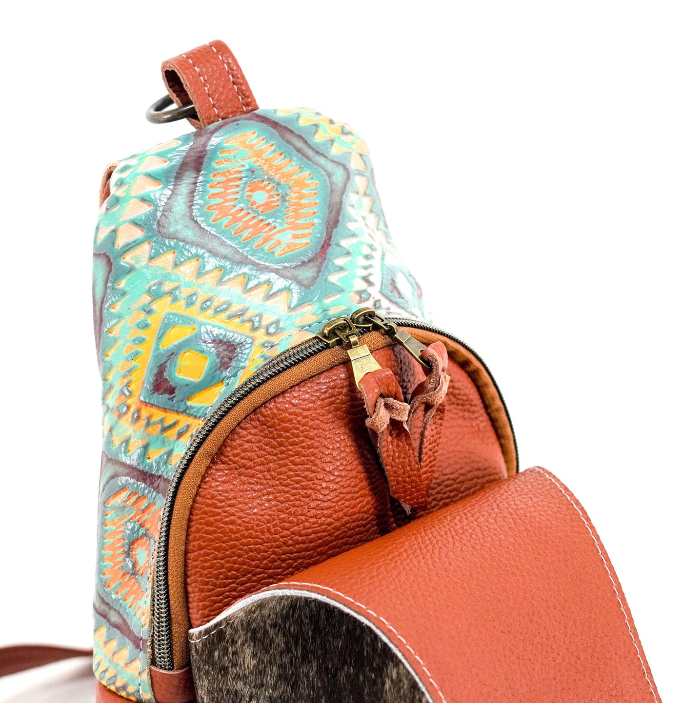 Sling Bag - Brindle w/ Rainbow Aztec-Sling Bag-Western-Cowhide-Bags-Handmade-Products-Gifts-Dancing Cactus Designs