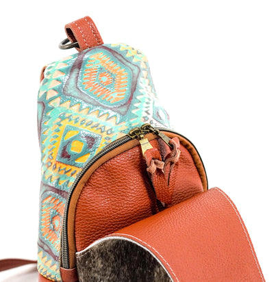 Sling Bag - Brindle w/ Rainbow Aztec-Sling Bag-Western-Cowhide-Bags-Handmade-Products-Gifts-Dancing Cactus Designs
