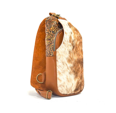 Sling Bag - Brindle w/ Wyoming Tool-Sling Bag-Western-Cowhide-Bags-Handmade-Products-Gifts-Dancing Cactus Designs