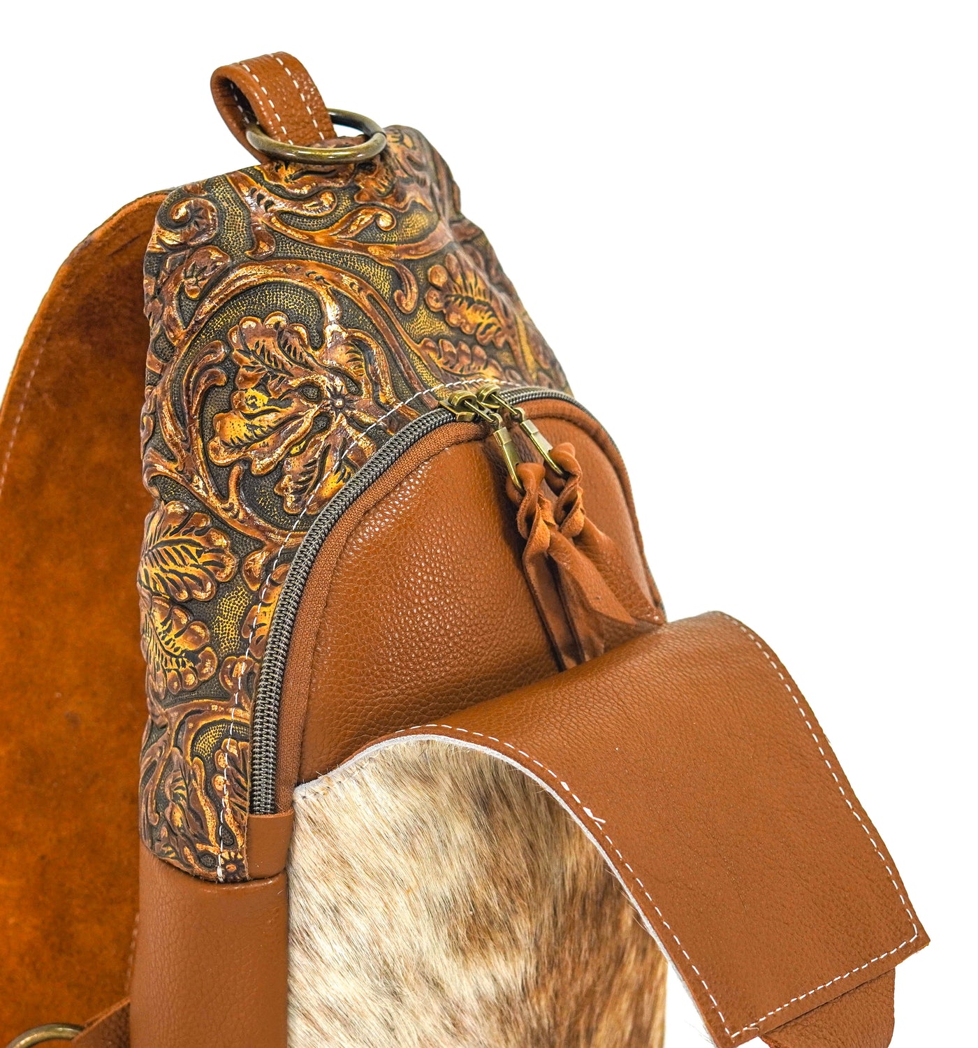 Sling Bag - Brindle w/ Wyoming Tool-Sling Bag-Western-Cowhide-Bags-Handmade-Products-Gifts-Dancing Cactus Designs