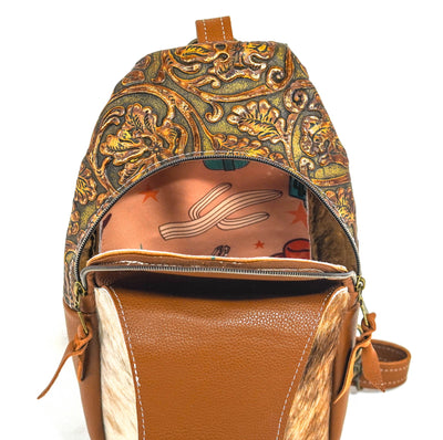 Sling Bag - Brindle w/ Wyoming Tool-Sling Bag-Western-Cowhide-Bags-Handmade-Products-Gifts-Dancing Cactus Designs