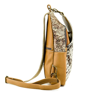 Sling Bag - Chocolate & White w/ Wildflower-Sling Bag-Western-Cowhide-Bags-Handmade-Products-Gifts-Dancing Cactus Designs