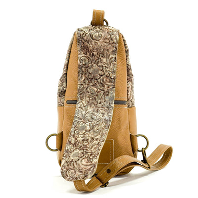 Sling Bag - Chocolate & White w/ Wildflower-Sling Bag-Western-Cowhide-Bags-Handmade-Products-Gifts-Dancing Cactus Designs