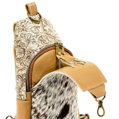 Sling Bag - Chocolate & White w/ Wildflower-Sling Bag-Western-Cowhide-Bags-Handmade-Products-Gifts-Dancing Cactus Designs