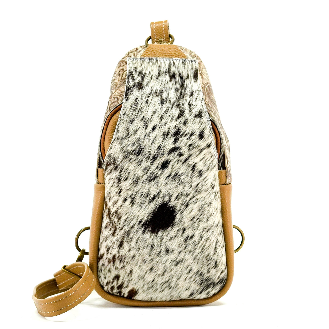 Sling Bag - Chocolate & White w/ Wildflower-Sling Bag-Western-Cowhide-Bags-Handmade-Products-Gifts-Dancing Cactus Designs