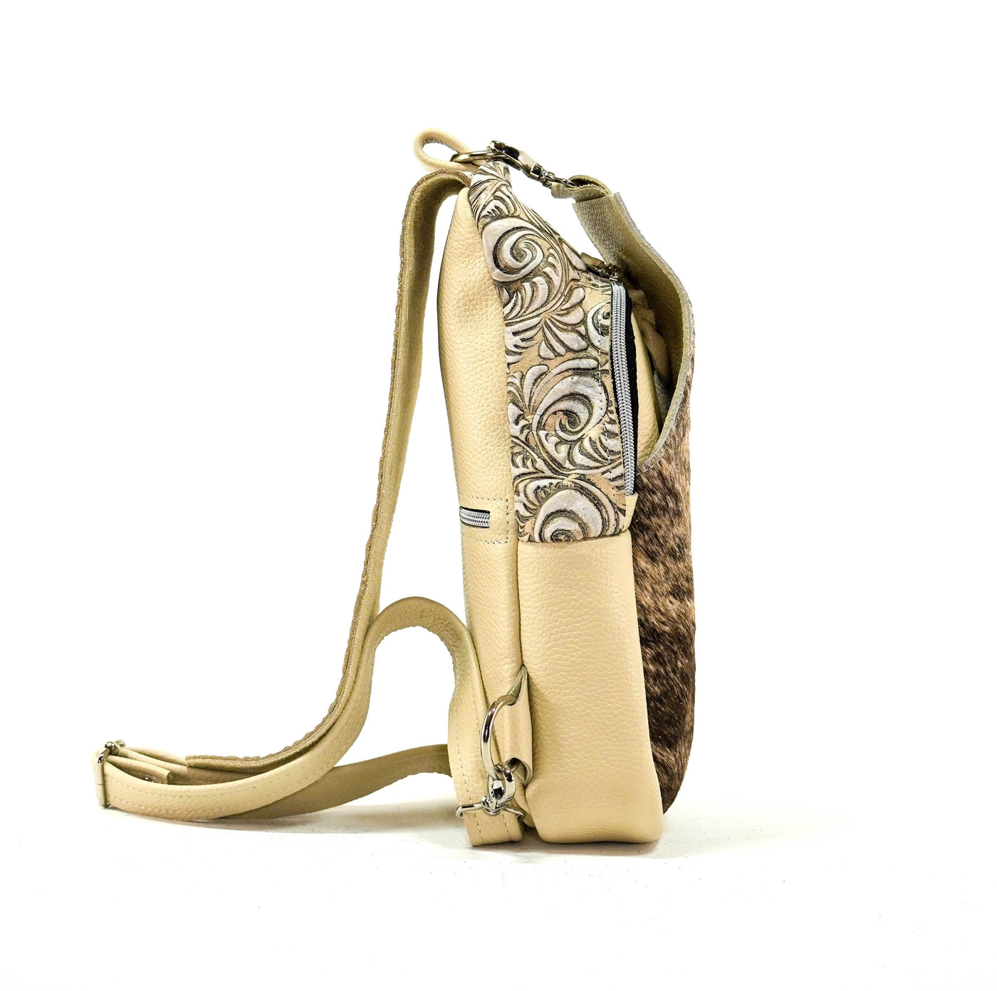 Sling Bag - Light Brindle w/ Bone Caracole-Sling Bag-Western-Cowhide-Bags-Handmade-Products-Gifts-Dancing Cactus Designs