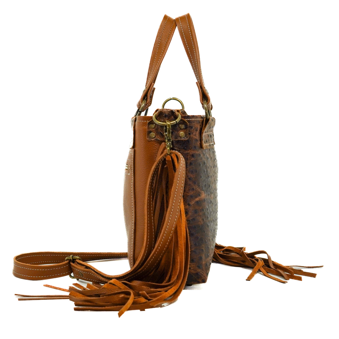 Swift - Ostrich Embossed w/ Dulce De Leche Leather-Swift-Western-Cowhide-Bags-Handmade-Products-Gifts-Dancing Cactus Designs