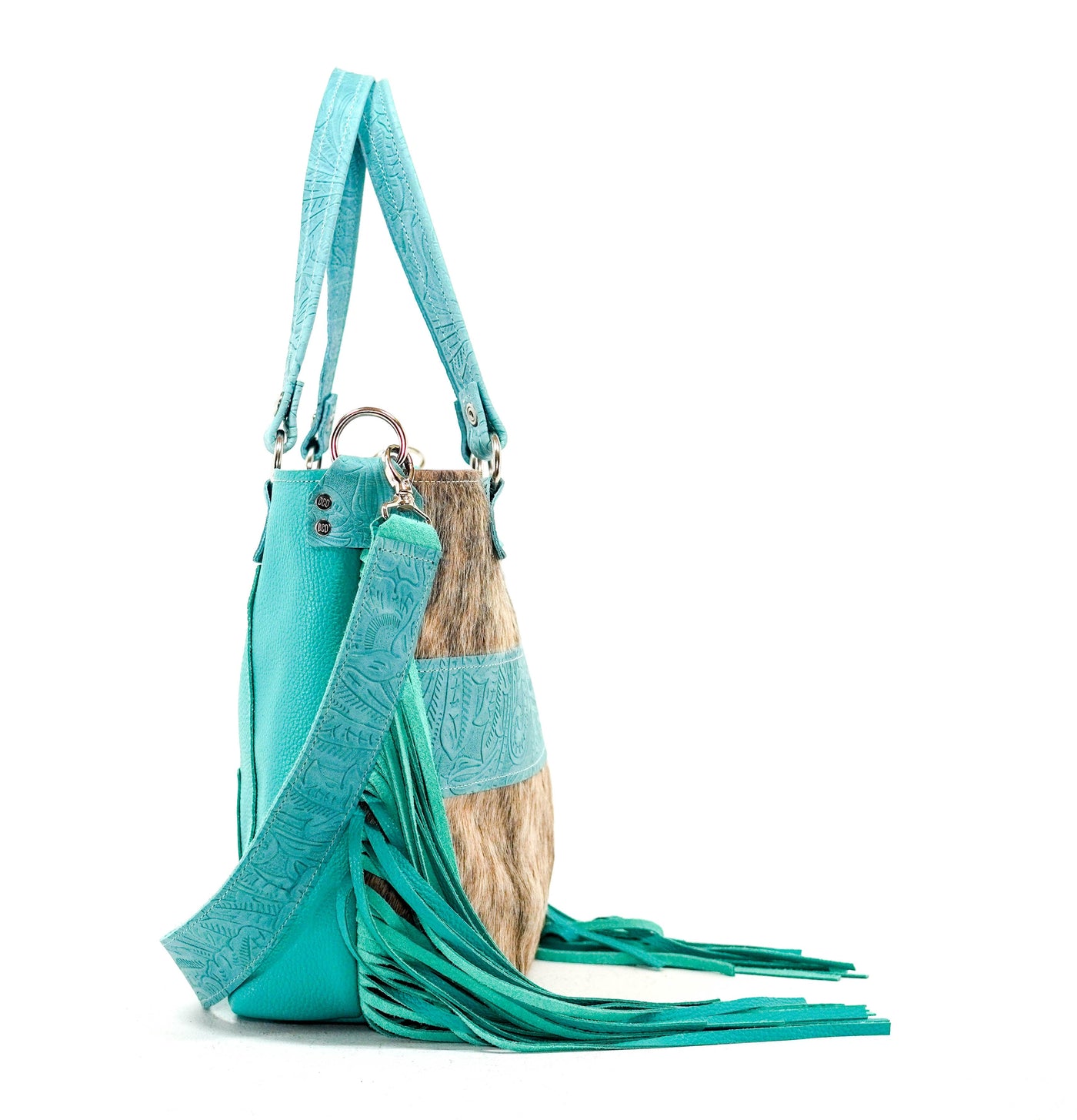 Taylor - Brindle w/ Turquoise Denver Tool-Taylor-Western-Cowhide-Bags-Handmade-Products-Gifts-Dancing Cactus Designs