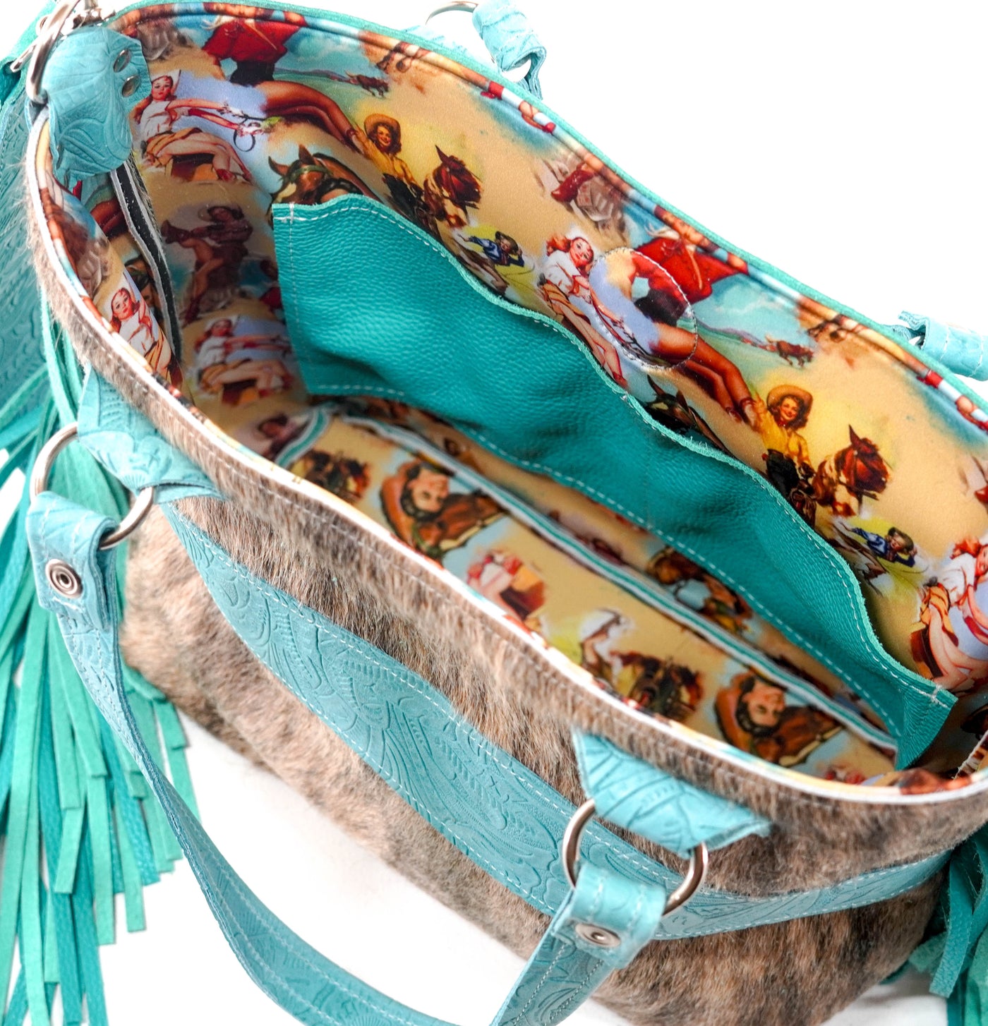 Taylor - Brindle w/ Turquoise Denver Tool-Taylor-Western-Cowhide-Bags-Handmade-Products-Gifts-Dancing Cactus Designs