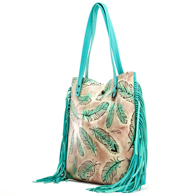 Trisha - All Embossed w/ Turquoise Feathers-Trisha-Western-Cowhide-Bags-Handmade-Products-Gifts-Dancing Cactus Designs