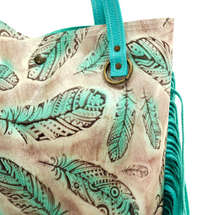 Trisha - All Embossed w/ Turquoise Feathers-Trisha-Western-Cowhide-Bags-Handmade-Products-Gifts-Dancing Cactus Designs