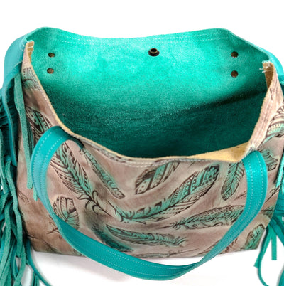 Trisha - All Embossed w/ Turquoise Feathers-Trisha-Western-Cowhide-Bags-Handmade-Products-Gifts-Dancing Cactus Designs