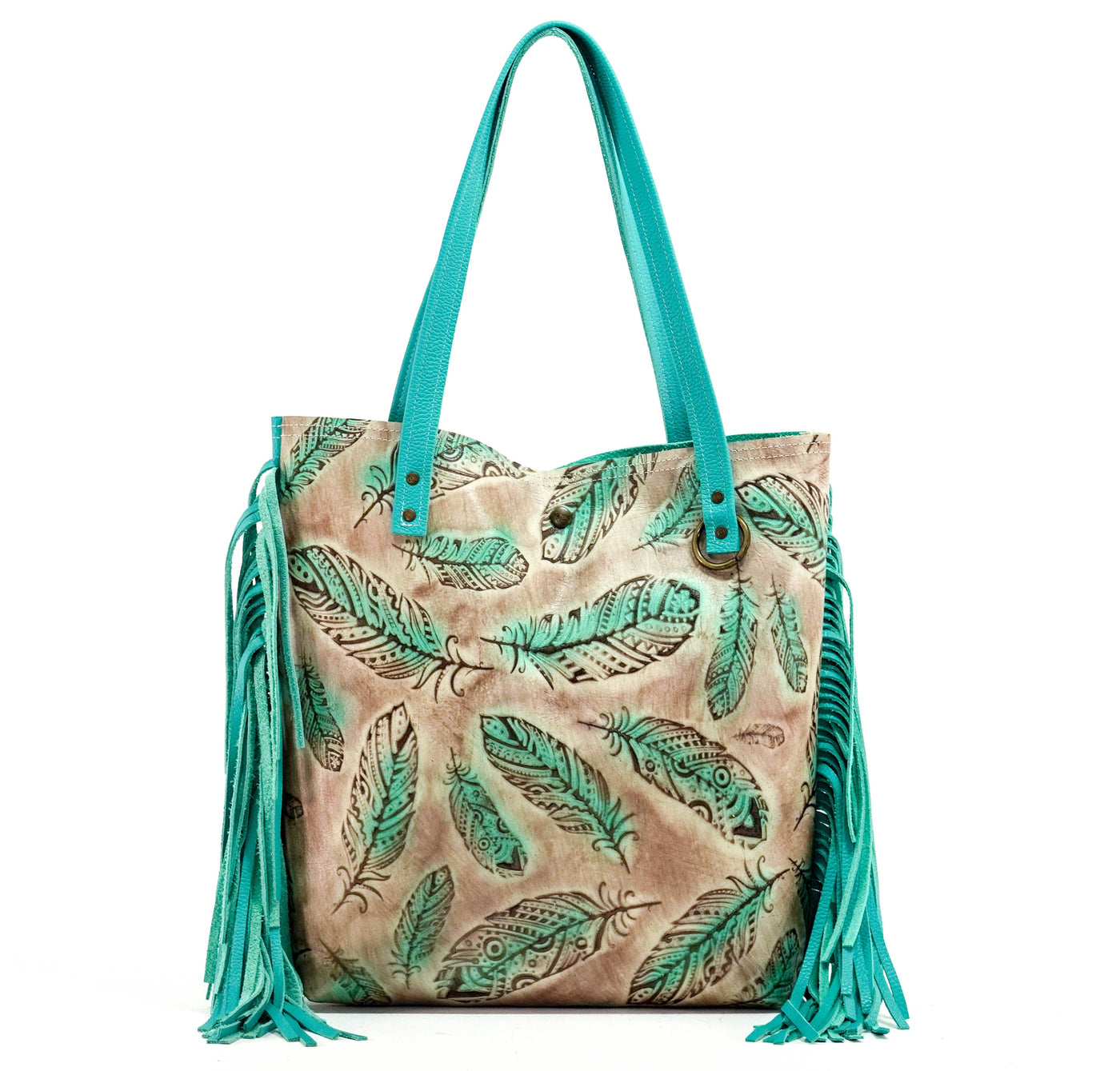 Trisha - All Embossed w/ Turquoise Feathers-Trisha-Western-Cowhide-Bags-Handmade-Products-Gifts-Dancing Cactus Designs