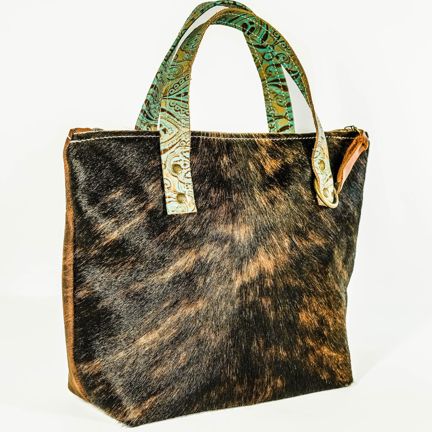 Feed Bag - Dark Brindle w/ Turquoise Venetian Tool-Feed Bag-Western-Cowhide-Bags-Handmade-Products-Gifts-Dancing Cactus Designs