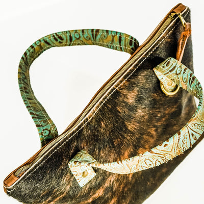 Feed Bag - Dark Brindle w/ Turquoise Venetian Tool-Feed Bag-Western-Cowhide-Bags-Handmade-Products-Gifts-Dancing Cactus Designs