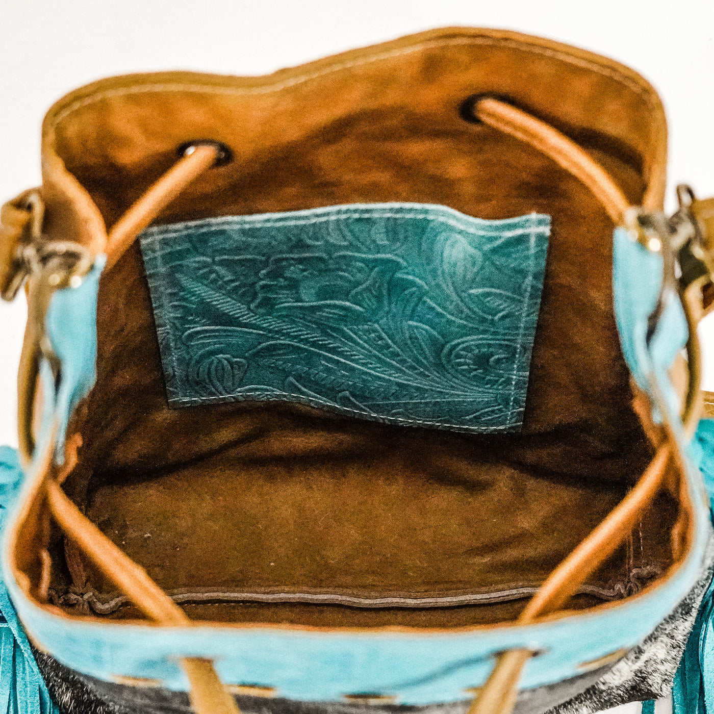 Gabby - Oil Spot w/ Turquoise Denver Tool-Gabby-Western-Cowhide-Bags-Handmade-Products-Gifts-Dancing Cactus Designs