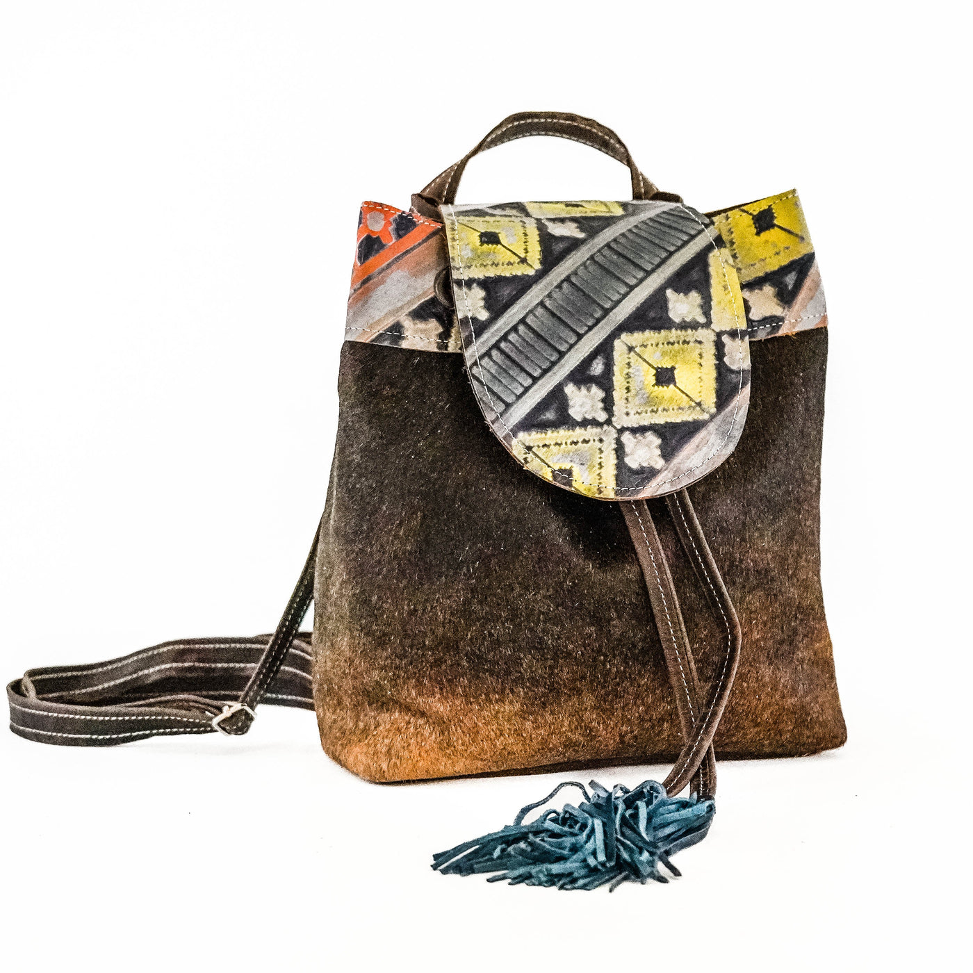 Mini Kelsea Backpack - Watusi w/ Teton Sundown Navajo-Mini Kelsea Backpack-Western-Cowhide-Bags-Handmade-Products-Gifts-Dancing Cactus Designs